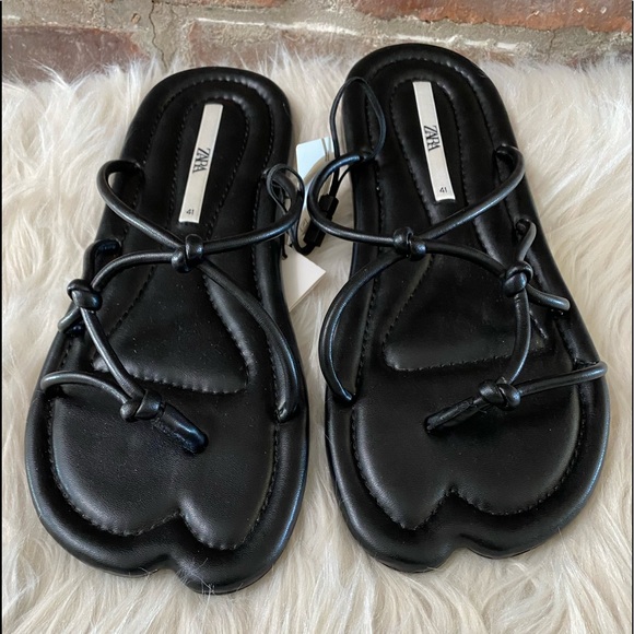 NWT Zara Black Flat Knotted Strap Sandals, Size 10 - Picture 7 of 13